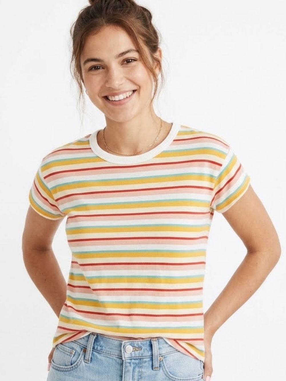 Madewell Striped Short-Sleeve Tee in White, Yellow, Orange, Blue, Red - size XS